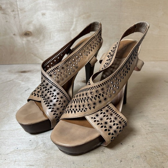 Diane Von Furstenberg Womens Heels Brown Leather Laser Cut Slingback Shoes Sz 9 - Picture 2 of 7